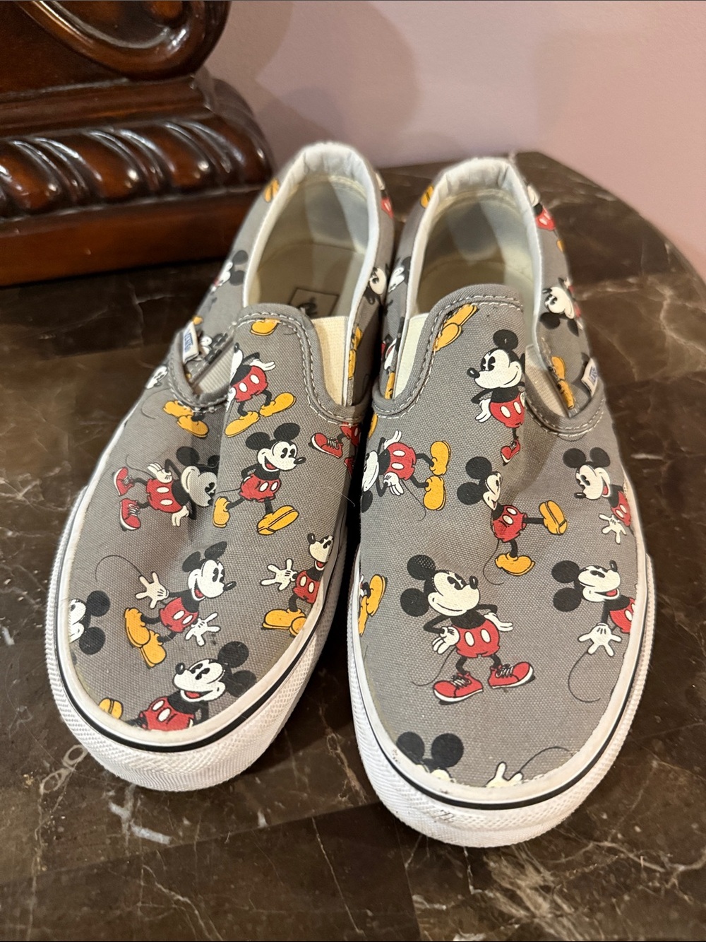 Vans Gray Mickey Mouse Slip-On Shoes with Red & Yellow Accents